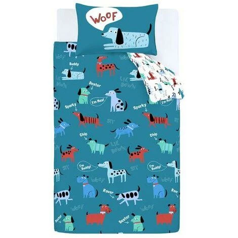 Catherine Lansfield Kids Woofing Dogs Reversible Duvet Cover Set Blue Bedding - Junior 2 Catherine Lansfield Kids Woofing Dogs Reversible Duvet Cover Set Blue Bedding - Junior - Image 2