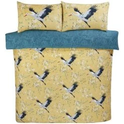 Rapport Home Floral Cranes Birds Duvet Cover Set Ochre Oriental Reversible Kingsize Bed Bedding Set