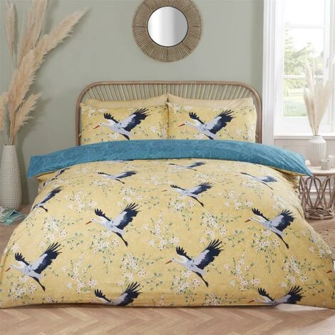 Rapport Home Floral Cranes Birds Duvet Cover Set Ochre Oriental Reversible Kingsize Bed Bedding Set 3 Rapport Home Floral Cranes Birds Duvet Cover Set Ochre Oriental Reversible Kingsize Bed Bedding Set - Image 3